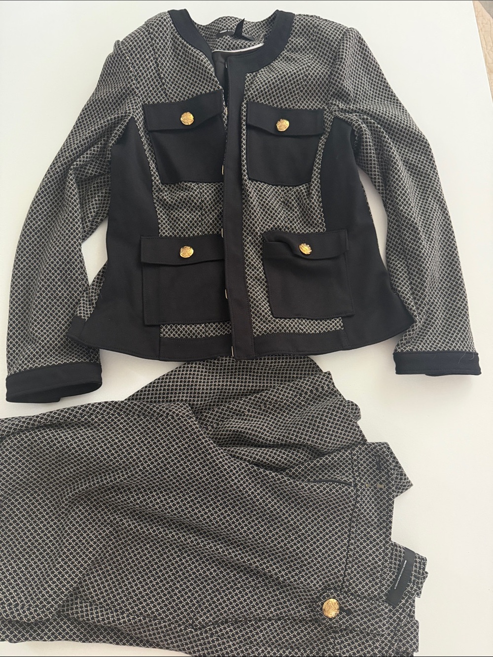 Textured Black & White Tweed Jacket and Skirt Set